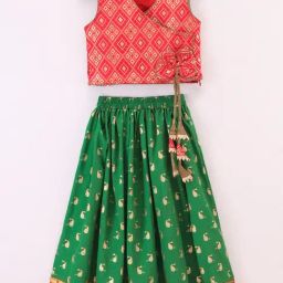 TWISHA Kids Red & Green Self Design Top with Ghagra-picture-9