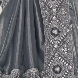 Satrani Grey Embroidered Saree With Unstitched Blouse image 4