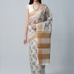 Unnati Silks Off-White Silk Cotton Printed Saree With Unstitched Blouse-image-99