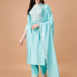 VARAMYA Floral Woven Design Mandarin Collar Pure Cotton Kurta With Trousers & Dupatta-picture-26