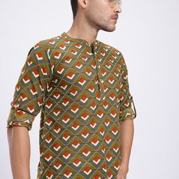 Anouk Rustic Geometric Print Pure Cotton Band Collar Roll-Up Sleeves Straight Kurta-picture-40