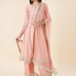 Rangmanch by Pantaloons Peach Rayon Embroidered 3/4th sleeve Suit Sets image 4
