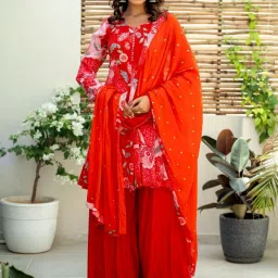 Kaftanize All Over Golden Thread Embroidery With Mirror Work Red & Pink Floral Kurta image 4