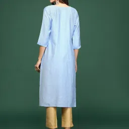 showoffff SHOWOFF Blue Cotton Embroidered Calf Length Straight Kurta image 4