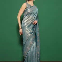 Saree Mall Blue Embellished Sarees With Unstitched Blouse image 4