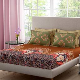 Portico Brown & Green Ethnic Motifs 210 TC Bedsheet with 2 Pillow Covers-picture-23