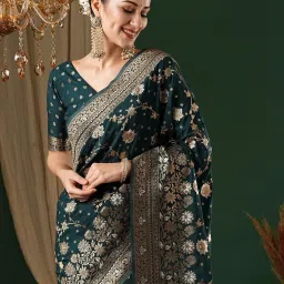 Saree Mall Blue Woven Sarees With Unstitched Blouse image 4