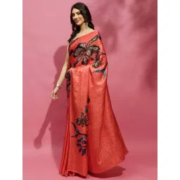 Navyasa By Liva Pink Satin Floral Print Saree image 3