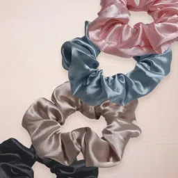 OOMPH Black, Pink, Blue, Nude Beige Satin Silk Scrunchy Rubber Band Ponytail Holder - Combo of 4-image-67