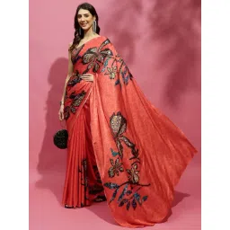 Navyasa By Liva Pink Satin Floral Print Saree image 4
