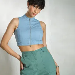 VIRGIO Blue Cotton Solid Sleeveless Crop Top-image-17
