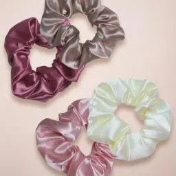 OOMPH Pink, Nude Beige, Wine & White Satin Silk Scrunchy Rubber Band Ponytail Holder - Combo of 4-image-66