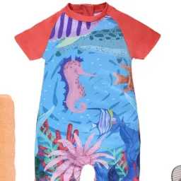 Kiddopanti Girls Coral & Blue Printed Regular Fit Swimsuit-picture-34