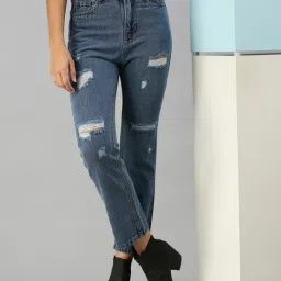 showoffff SHOWOFF Highly Distressed Blue Straight Fit Denim Jeans image 5