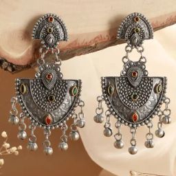 Aatmana Silver-Toned, Red & Green Kundan Studded Ghungroo Drop Earrings for Women-picture-33