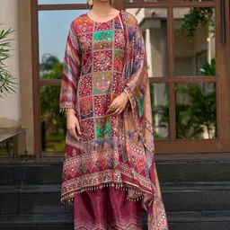 MOJILAA Ethnic Motifs Printed Mirror Work A-Line Kurta With Palazzos & Dupatta-picture-34