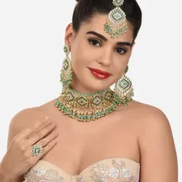 Zaveri Pearls Green Kundan & Beads Ethnic Choker Necklace Earring Maangtikka & Ring Set-ZPFK12634-picture-22