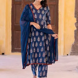 KALINI Women Ethnic Motifs Printed Regular Pure Cotton Kurta with Trousers & With Dupatta image 3