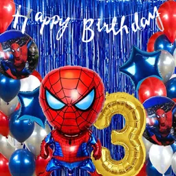 Bubble Trouble Superhero Spiderman Theme 3rd Birthday Decoration Kit With Balloons Spiderman Foil Curtain Foil  - Pack of 68 Pieces-image-18
