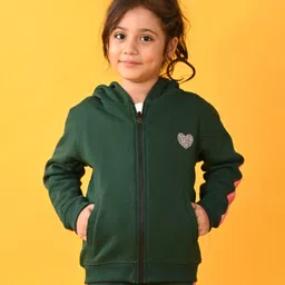 Anthrilo Full Sleeves Shimmer Heart Embellished Glitter Tape Detailed Zipper Hoodie - Green-picture-18