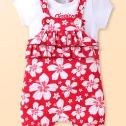 Babyhug Single Jersey Knit Floral Printed Dungaree & Half Sleeves Text Printed Top Set - White & Red-picture-30