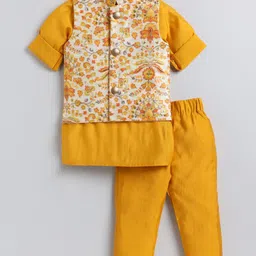 LITTLE COLLARS Silk Full Sleeves Floral Printed & Embroidered Kurta Pyjama With Jacket Set - Mustard Yellow-picture-16