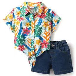 Babyhug Rayon Woven Half Sleeves Shirt Style Top & Shorts Set With Leaf & Floral Print - White & Blue-picture-25