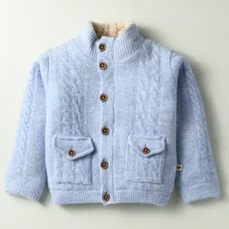 Yellow Apple Wool Knitted Full Sleeves Solid Front Open Sweater - Light Blue-image-54