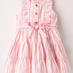 twetoons Tweetoons Cotton Woven Sleeveless Striped Frock With Belt - Pink-picture-16