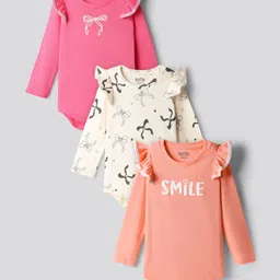 Bonfino 100% Cotton Knit Rib Fabric Full Sleeves Onesies with Bow Print & Frill Detailing Pack of 3 - Peach Pink & Ivory-picture-35