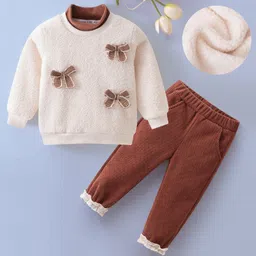 Mark & Mia Full Sleeves Top & Lounge Pant Set With Bow Applique - Cream-picture-11