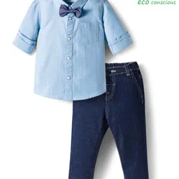 Babyoye 100% Cotton Woven Solid Dyed Full Sleeves Shirt & Trouser with Checks & Bow - Blue & Light Blue-picture-20
