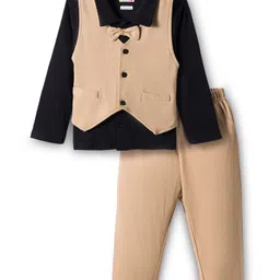 BUMZEE Cotton Knit Full Sleeves Solid Color 3 Piece Party Suit With Bow Applique - Black & Beige-picture-27