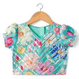 Babyhug Woven Half Puffed Sleeves Choli Lehenga Set with Dupatta Floral Print & Lace Detailing - Light Blue image 2