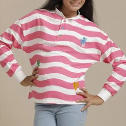 UNDER FOURTEEN ONLY Girls Striped Henley Neck Cotton T-shirt image 4
