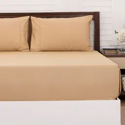 MASPAR Beige Solid 200 TC Cotton 1 Queen Bedsheet with 2 Pillow Covers image 2