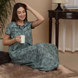 Sweet Dreams Sage Green & Navy Cotton Floral Print Nighty image 4