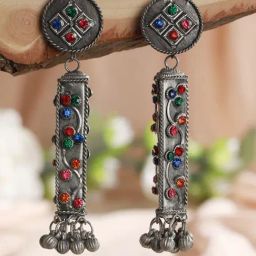 Aatmana Silver-Toned, Multi Stone Studded Gunroom Drop Earrings for Women-picture-49
