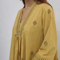 Utsa by Westside Mustard Ikat-Embroidered Cotton A-Line Kurta image 4