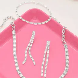 Zaveri Pearls Silver Tone Baguette Cubic Zirconia 2 Strands Necklace Earring Bracelet Set-ZPFK12578-picture-37