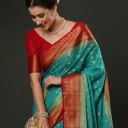 Saree Mall Blue & Red Woven Saree With Unstitched Blouse image 4
