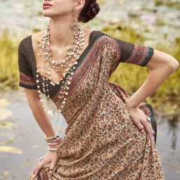 Saree Mall Beige Silk Printed Saree With Unstitched Blouse image 4