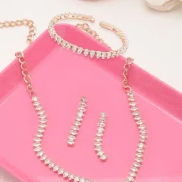 Zaveri Pearls Rose Gold Marquise Shaped Cubic Zirconia Necklace Earring Bracelet Set-ZPFK12572-picture-48