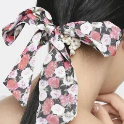 OOMPH Pink Satin & Pearls Hair Tie Scarf Scrunchy-image-17