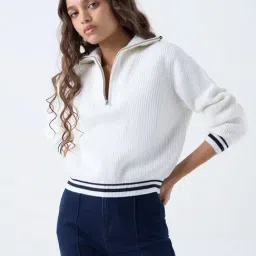 LOV by Westside Off-White Ribbed Quarter-Zip Top-image-26