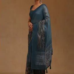 Soch Teal Blue Printed Saree With Unstitched Blouse-image-0