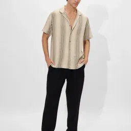 The Souled Store Beige Blended Relaxed Fit Striped Casual Shirts image 3
