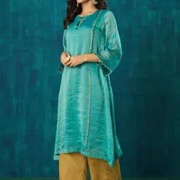 Mushio Teal Damini Zari Stripe Advika Kurta With Scallop Embroidery image 2