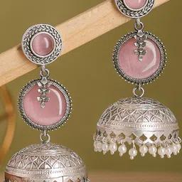 KRISHAZ Silver Plated Artificial Stones Studded And Beaded Oxidised Dome Shaped Jhumkas image 2