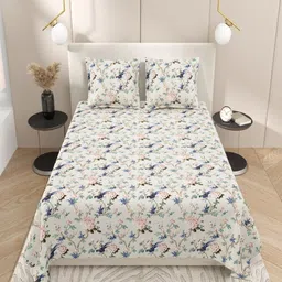 INDRA'S Off White & Brown Floral 144 TC King Bedsheet with 2 Pillow Covers-picture-22